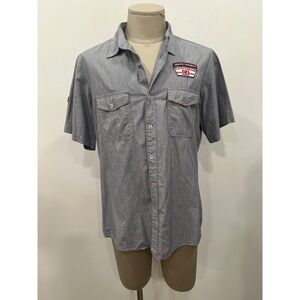 Paper Denim & Cloth Mens Shirt Blue Striped Classic American Patch SZ Large